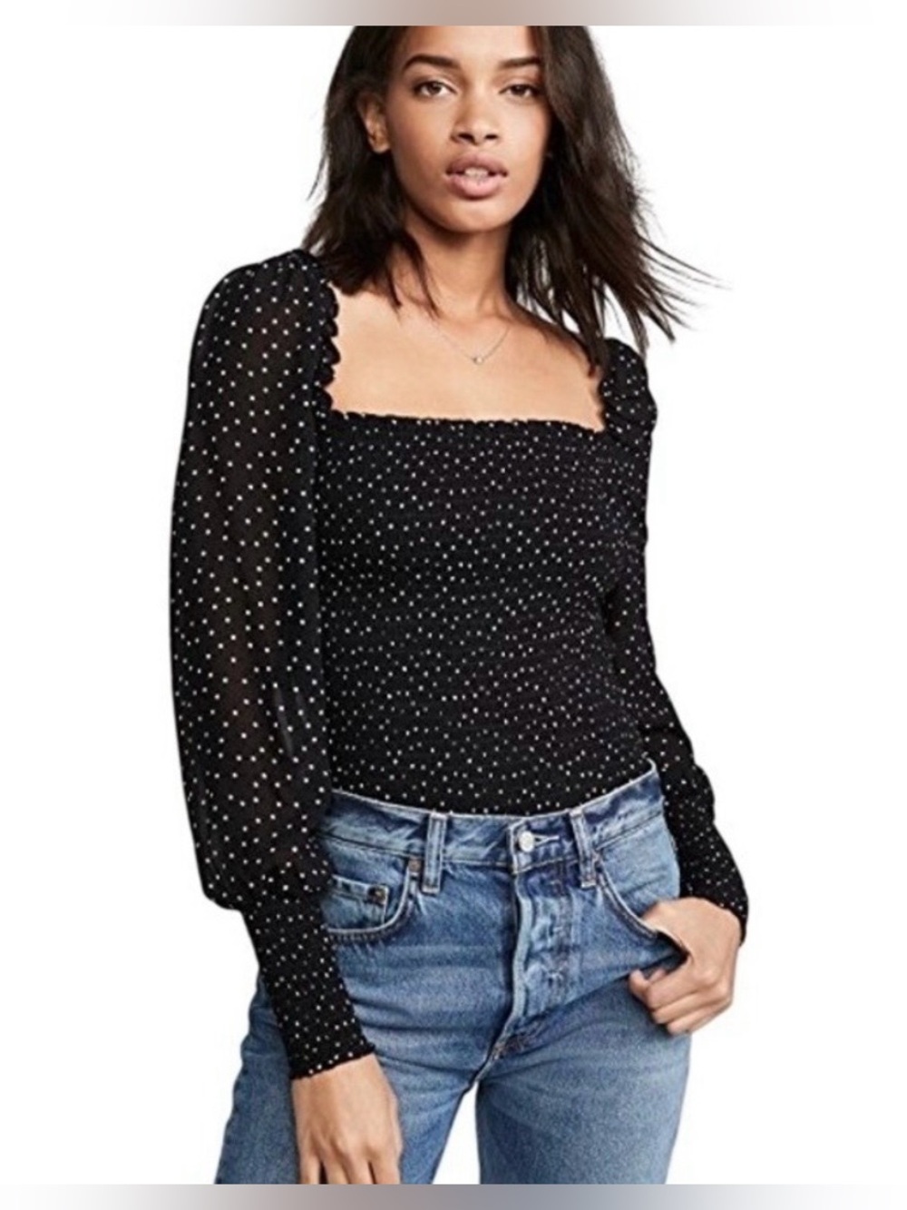 Reformation Pinto Smocked Top XS Black White Polka Dot Long Sleeve Bishop Square